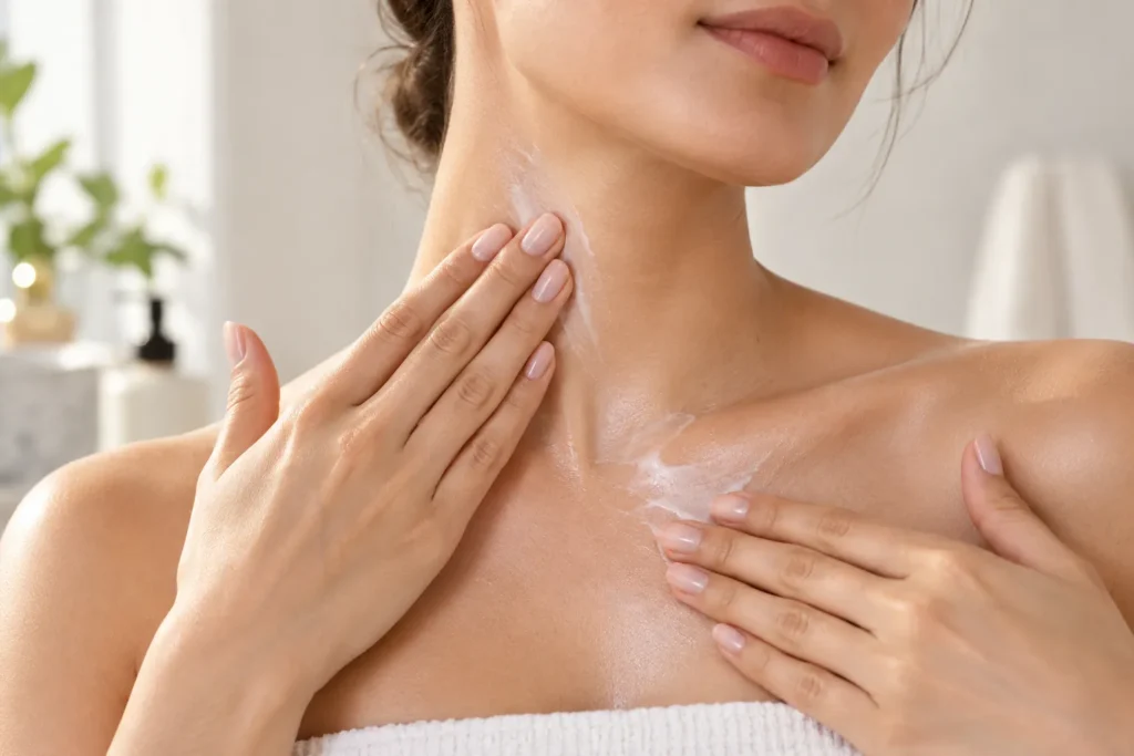 10 Anti Aging Moisturizer Secrets for a Youthful Glow 3 Hands applying anti aging moisturizer along the neck and collarbone