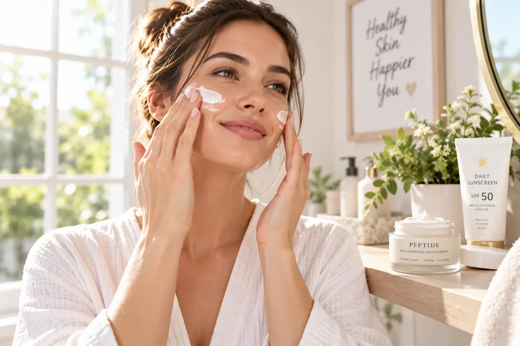 10 Anti Aging Moisturizer Secrets for a Youthful Glow 7 Woman applying sunscreen over anti aging moisturizer near a sunlit window