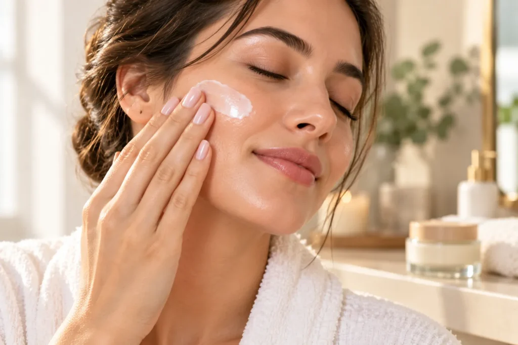 10 Anti Aging Moisturizer Secrets for a Youthful Glow 9 Woman massaging anti aging moisturizer into her skin with upward strokes