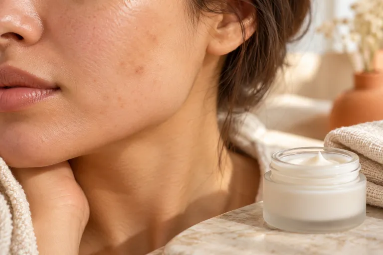 10 Azelaic Acid Benefits for Clearer, Brighter Skin 3 Close-up of a jawline with faint fading dark marks beside a jar of azelaic acid cream