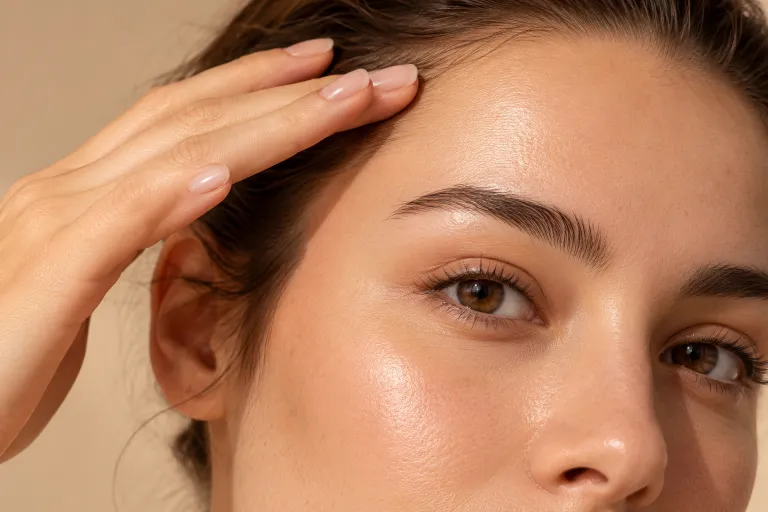 10 Azelaic Acid Benefits for Clearer, Brighter Skin 5 Fingertips touching a smooth, glowing forehead against a neutral beige background