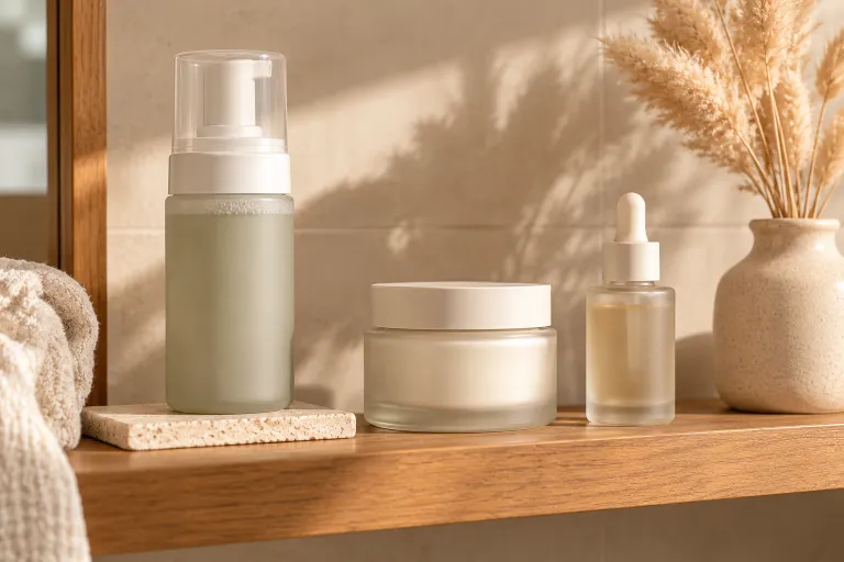 10 Azelaic Acid Benefits for Clearer, Brighter Skin 7 Minimalist shelf with a gentle cleanser, moisturizer, and serum for sensitive skin