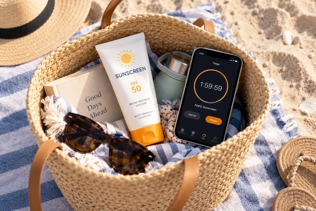 10 Beach Skin Care Tips for Sun-Kissed Skin 3 Beach bag with sunscreen, sunglasses, and phone timer set for reapplication reminder