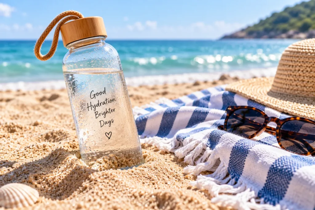 10 Beach Skin Care Tips for Sun-Kissed Skin 9 Reusable water bottle in the sand next to a beach towel and sunglasses