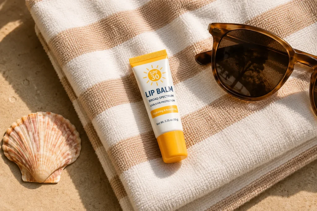 10 Beach Skincare Must-Haves for Healthy Summer Skin 3 SPF lip balm on beach towel with sunglasses and seashell