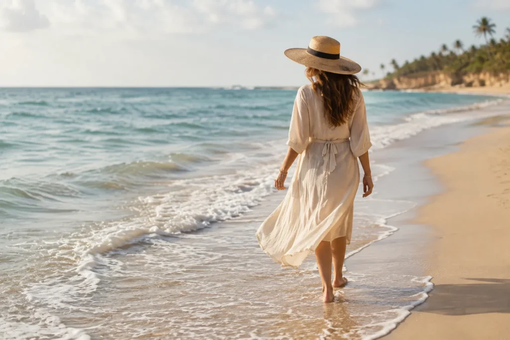 10 Beach Skincare Must-Haves for Healthy Summer Skin 5 Woman in wide brim hat walking along the shoreline