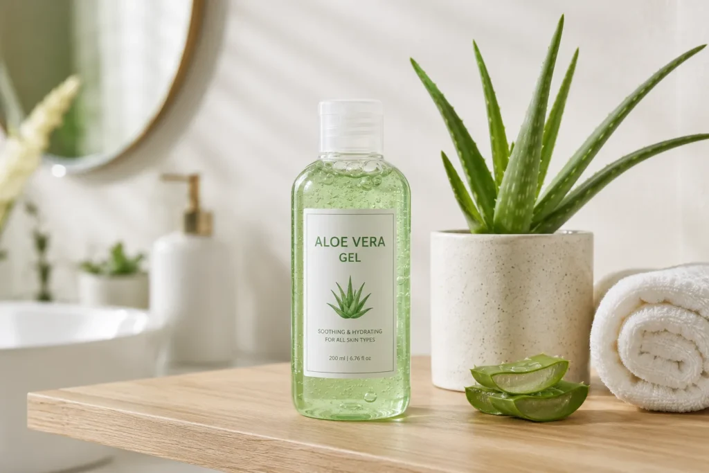 10 Beach Skincare Must-Haves for Healthy Summer Skin 7 Aloe vera gel bottle next to potted aloe plant