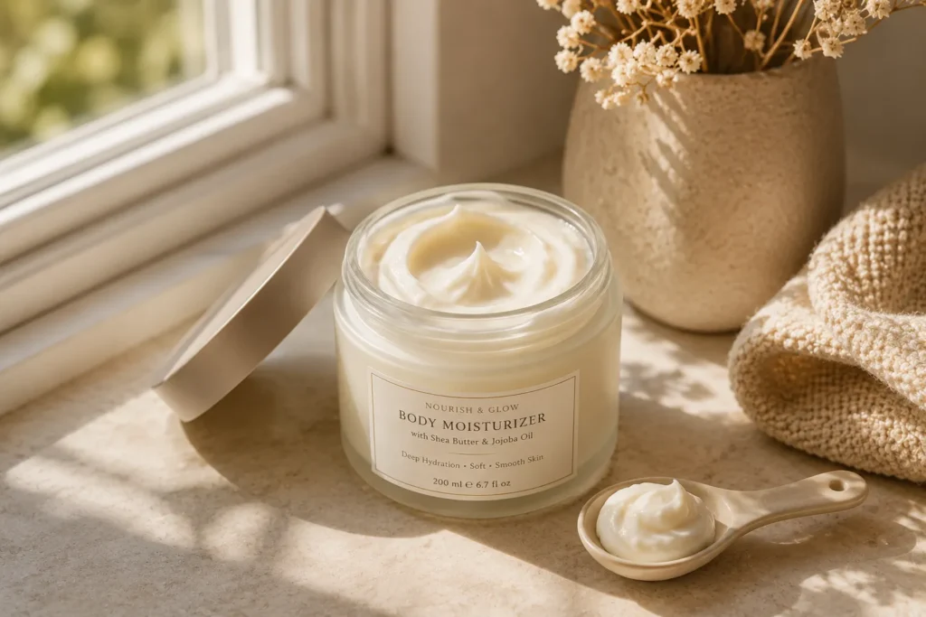 10 Beach Skincare Must-Haves for Healthy Summer Skin 9 Body moisturizer jar with scoop on sunlit windowsill
