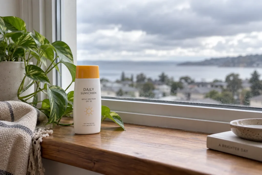 10 Broad Spectrum Sunscreen Mistakes to Avoid 5 Sunscreen bottle on a windowsill under a cloudy sky