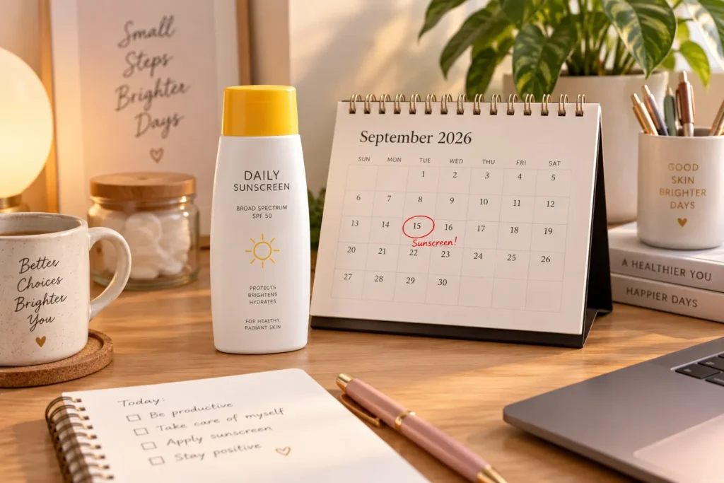10 Broad Spectrum Sunscreen Mistakes to Avoid 7 Sunscreen bottle beside a calendar marking its expiration date