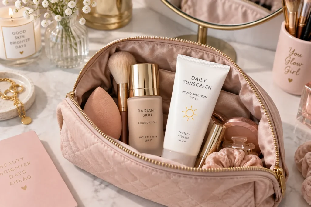 10 Broad Spectrum Sunscreen Mistakes to Avoid 9 Makeup bag with foundation and sunscreen used together for sun protection