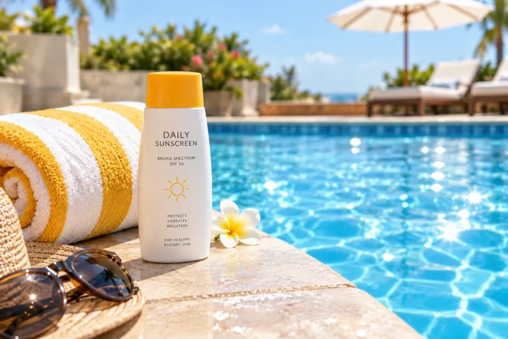 10 Broad Spectrum Sunscreen Mistakes to Avoid 11 Sunscreen bottle by a pool for easy reapplication after swimming