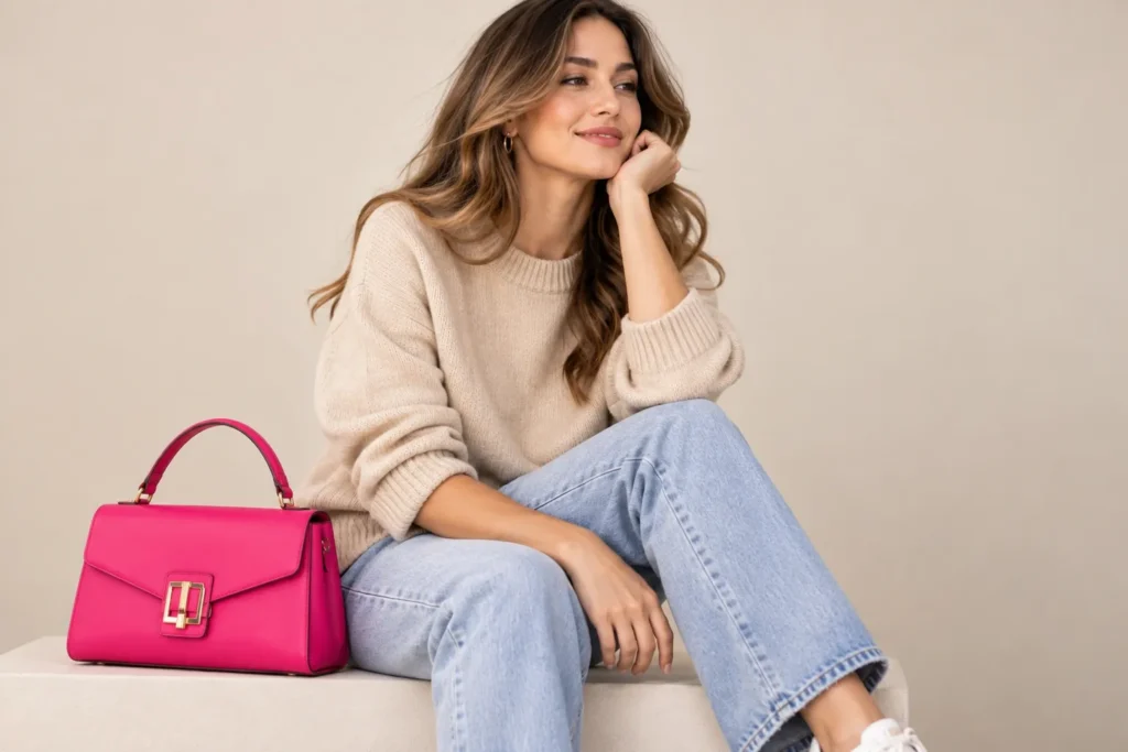 10 Cheeky Girls Fashion Trends to Watch This Year 11 Neutral outfit paired with one bold pink accessory