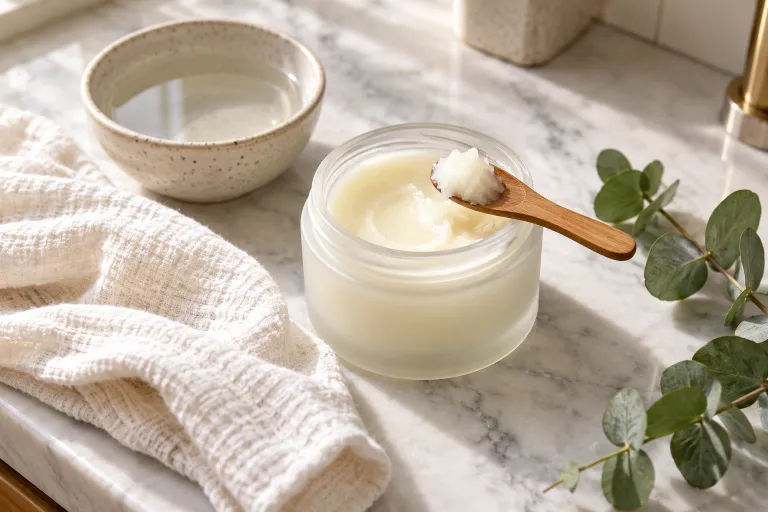 10 Clear Skin Routine Tips for Smooth, Glowing Skin 3 Cleansing balm jar with wooden spatula on a marble shelf for a clear skin routine