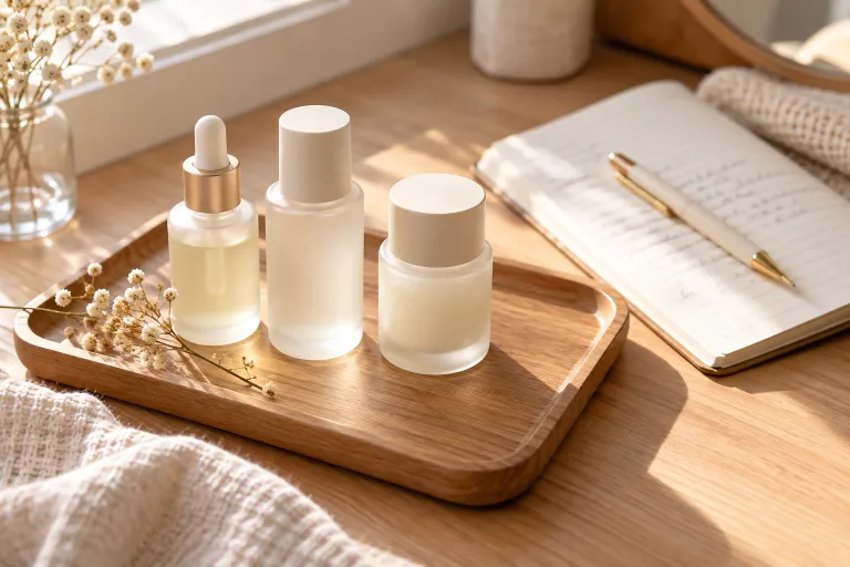 10 Clear Skin Routine Tips for Smooth, Glowing Skin 5 Three small skincare bottles lined up on a wooden tray beside a notebook for tracking active ingredients