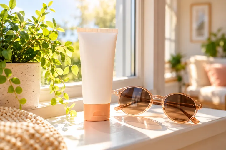 10 Clear Skin Routine Tips for Smooth, Glowing Skin 7 Sunscreen tube and sunglasses on a sunny windowsill for a daily SPF step
