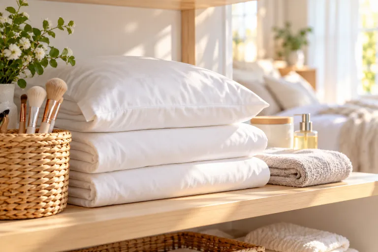 10 Clear Skin Routine Tips for Smooth, Glowing Skin 9 Stack of clean white pillowcases beside a basket of washed makeup brushes