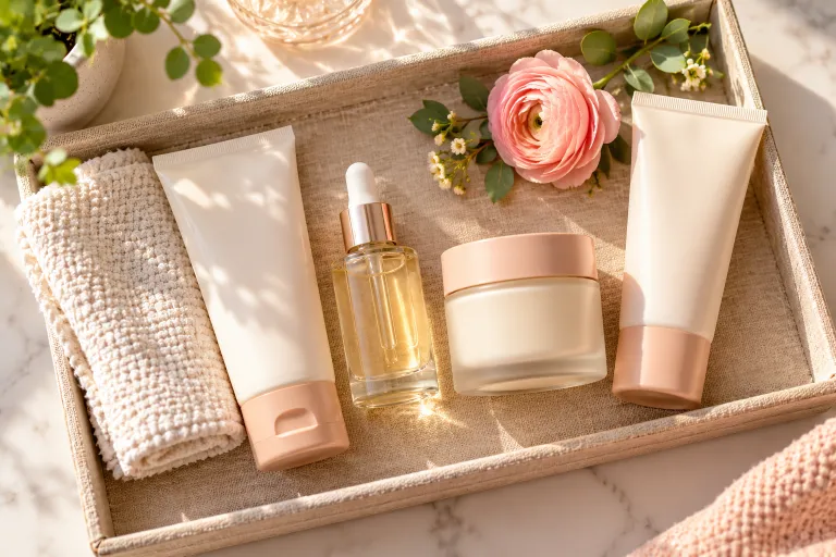 10 Clear Skin Routine Tips for Smooth, Glowing Skin 11 Flat lay of cleanser, serum, moisturizer, and sunscreen arranged for a simple morning routine