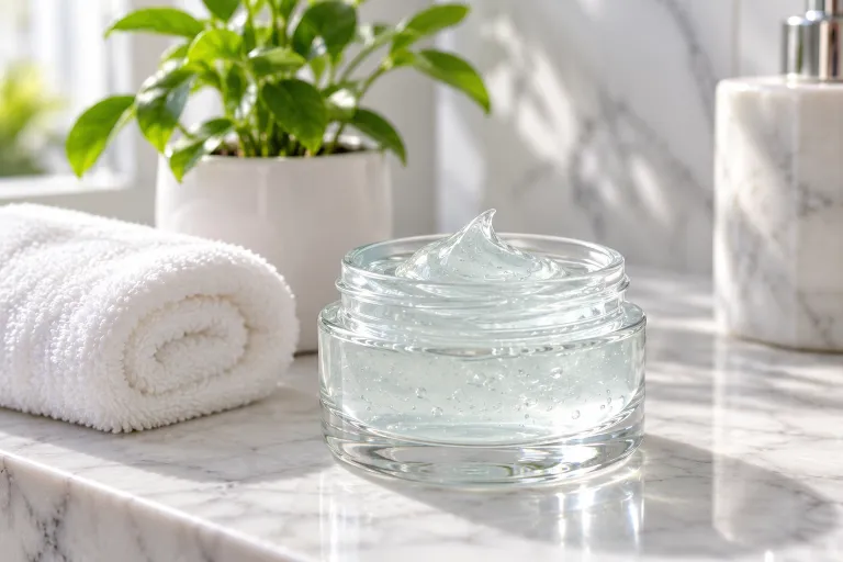 10 Clear Skin Tips for a Naturally Healthy Glow 3 Jar of lightweight gel moisturizer beside a white towel and a green plant on a marble bathroom shelf
