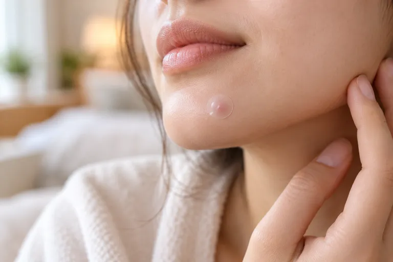 10 Clear Skin Tips for a Naturally Healthy Glow 5 Close-up of a small clear pimple patch on a woman's chin to help stop picking and protect skin
