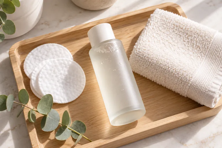 10 Clear Skin Tips for a Naturally Healthy Glow 7 Bottle of gentle exfoliating toner with cotton pads and a folded washcloth on a wooden tray