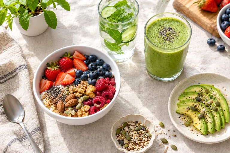 10 Clear Skin Tips for a Naturally Healthy Glow 9 Healthy breakfast table with berries, nuts, cucumber water, and a green smoothie to support glowing skin