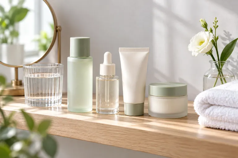 10 Clear Skin Tips for a Naturally Healthy Glow 11 Tidy shelf with four simple skincare products beside a small mirror showing an easy clear skin routine