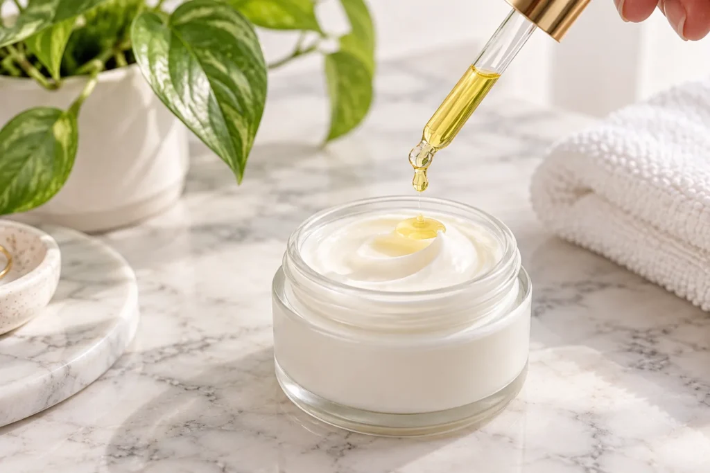 10 Simple Clover Oil Tips for Your Everyday Self-Care 3 Dropper adding clover oil into a jar of white face moisturizer on a marble counter