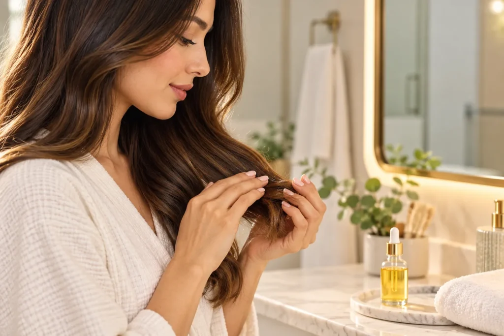 10 Simple Clover Oil Tips for Your Everyday Self-Care 5 Woman smoothing clover oil onto the ends of long wavy hair