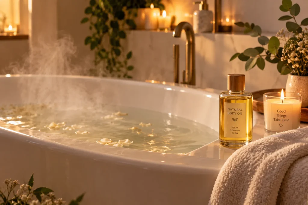 10 Simple Clover Oil Tips for Your Everyday Self-Care 7 Warm bathtub with a small bottle of clover oil for a relaxing self-care soak