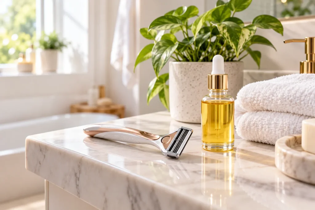 10 Simple Clover Oil Tips for Your Everyday Self-Care 9 Bathroom shelf with a razor and a small bottle of clover oil for pre-shave skin care