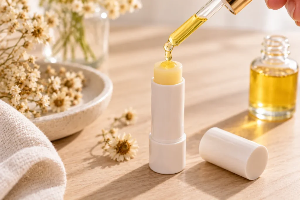 10 Simple Clover Oil Tips for Your Everyday Self-Care 11 Small tube of lip balm with a dropper adding clover oil on top for extra softness