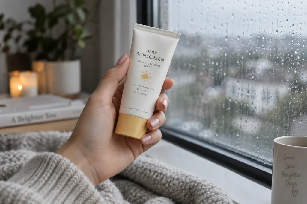 10 Cosmetic Skin Care Secrets for Healthier Skin 3 Hand holding sunscreen tube near a window on a cloudy day