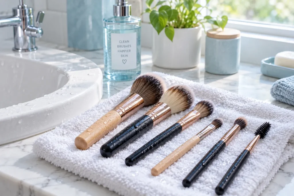 10 Cosmetic Skin Care Secrets for Healthier Skin 7 Clean makeup brushes drying flat on a towel