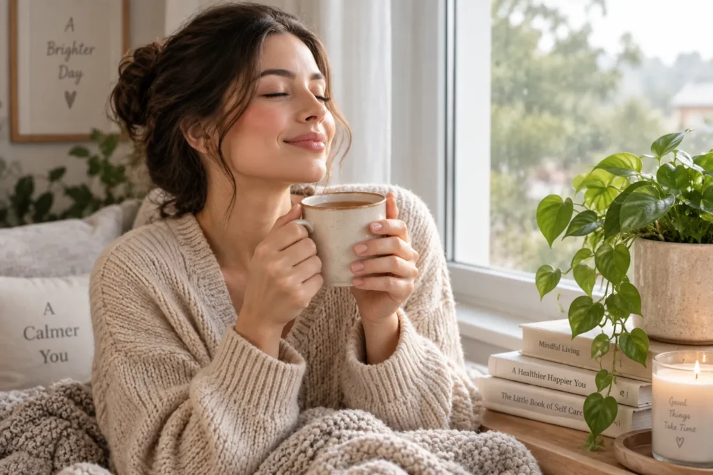 10 Cosmetic Skin Care Secrets for Healthier Skin 11 Woman relaxing with tea to manage stress for healthier skin