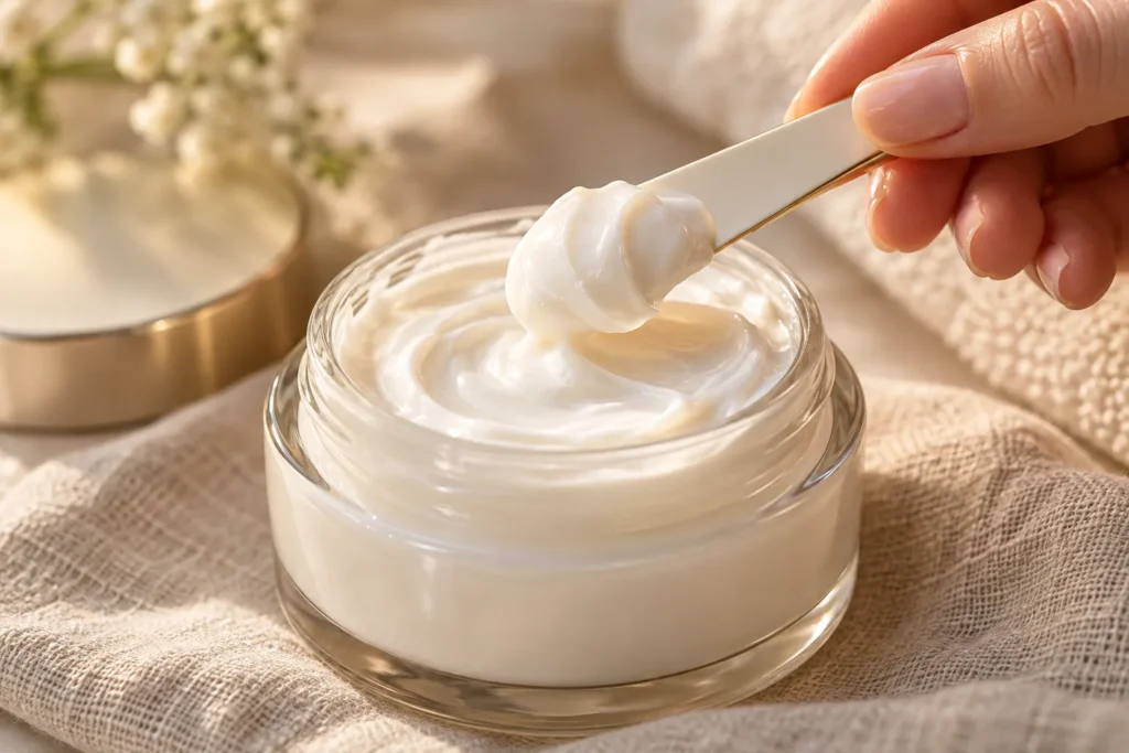 10 Dermatologist Tested Beauty Picks Worth Trying 3 Ceramide moisturizer cream being scooped from a jar for dry skin