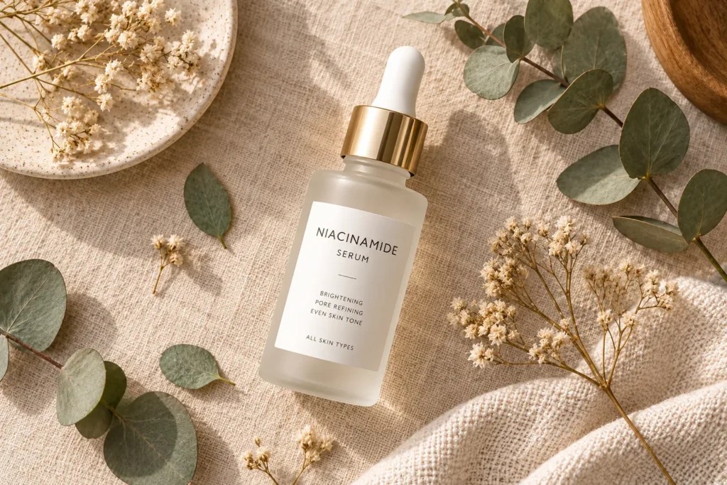 10 Dermatologist Tested Beauty Picks Worth Trying 7 Niacinamide serum bottle flat lay with dried botanicals