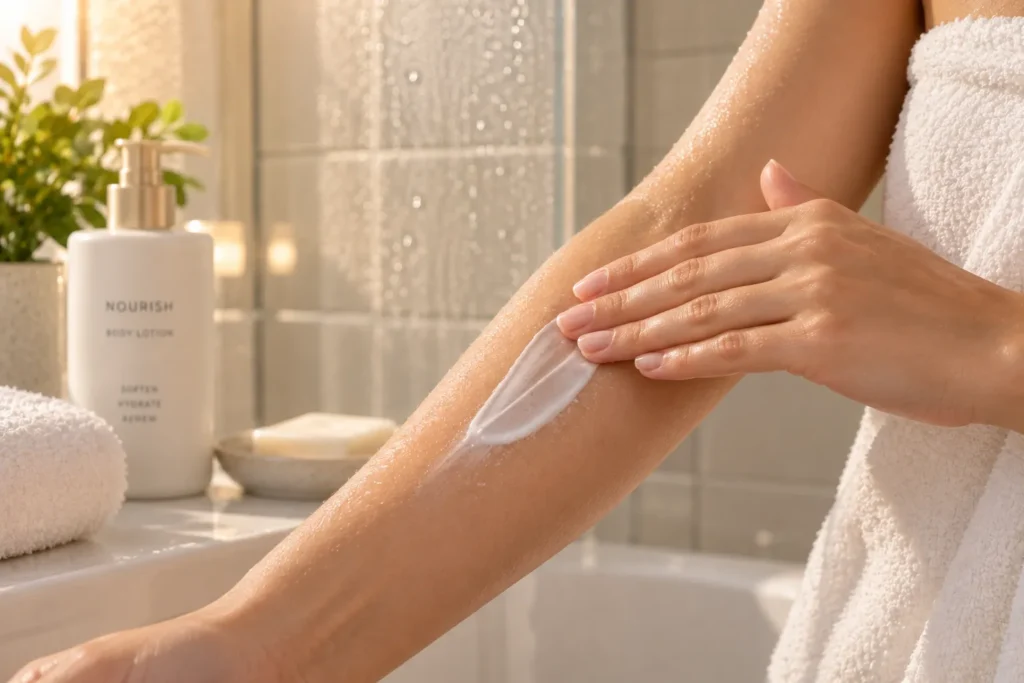 10 Dermatologist Tested Beauty Picks Worth Trying 11 Fragrance free body lotion applied to forearm after shower