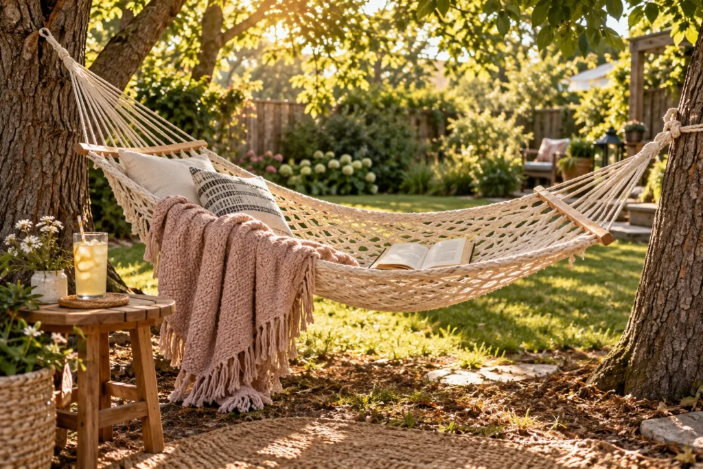 10 Refreshing Ways for Enjoying the Sun Outdoors 3 Hammock hanging between trees with a book for relaxing outdoors