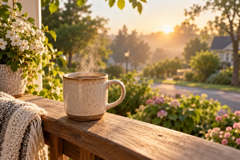 10 Refreshing Ways for Enjoying the Sun Outdoors 5 Cup of coffee on a porch during quiet morning sunlight
