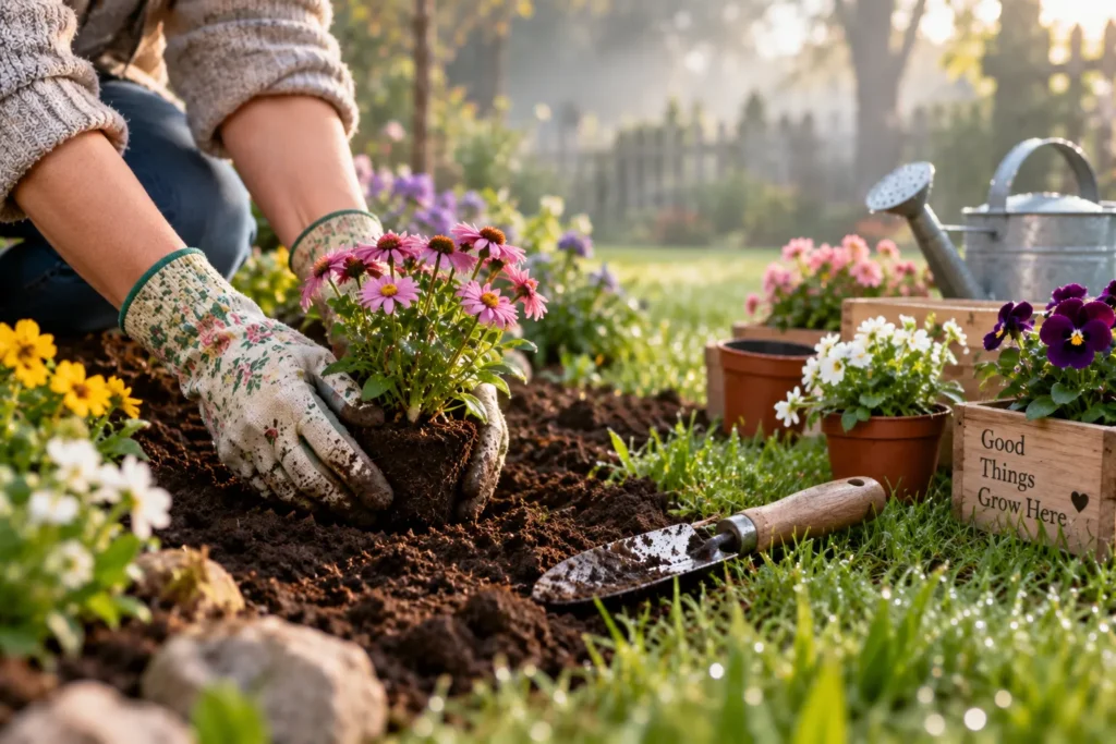 10 Refreshing Ways for Enjoying the Sun Outdoors 7 Gloved hands gardening in flower bed during cool morning hours