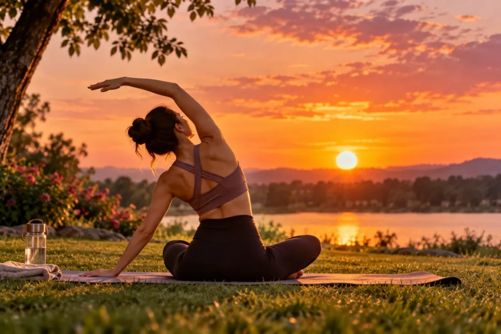 10 Refreshing Ways for Enjoying the Sun Outdoors 9 Yoga mat on grass during a sunset stretching session outdoors