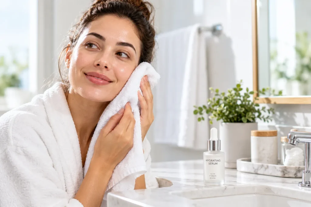10 Face Hydration Tips for Soft, Glowing Skin 3 Patting damp skin with towel before applying hydrating skin care