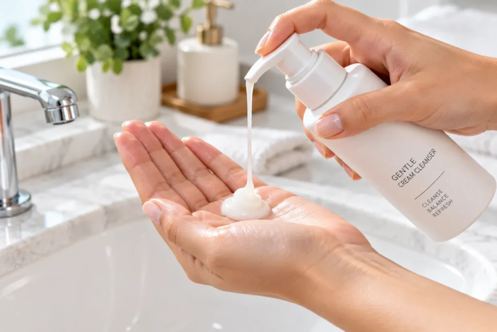 10 Face Hydration Tips for Soft, Glowing Skin 7 Creamy gentle cleanser being applied for dry skin care routine