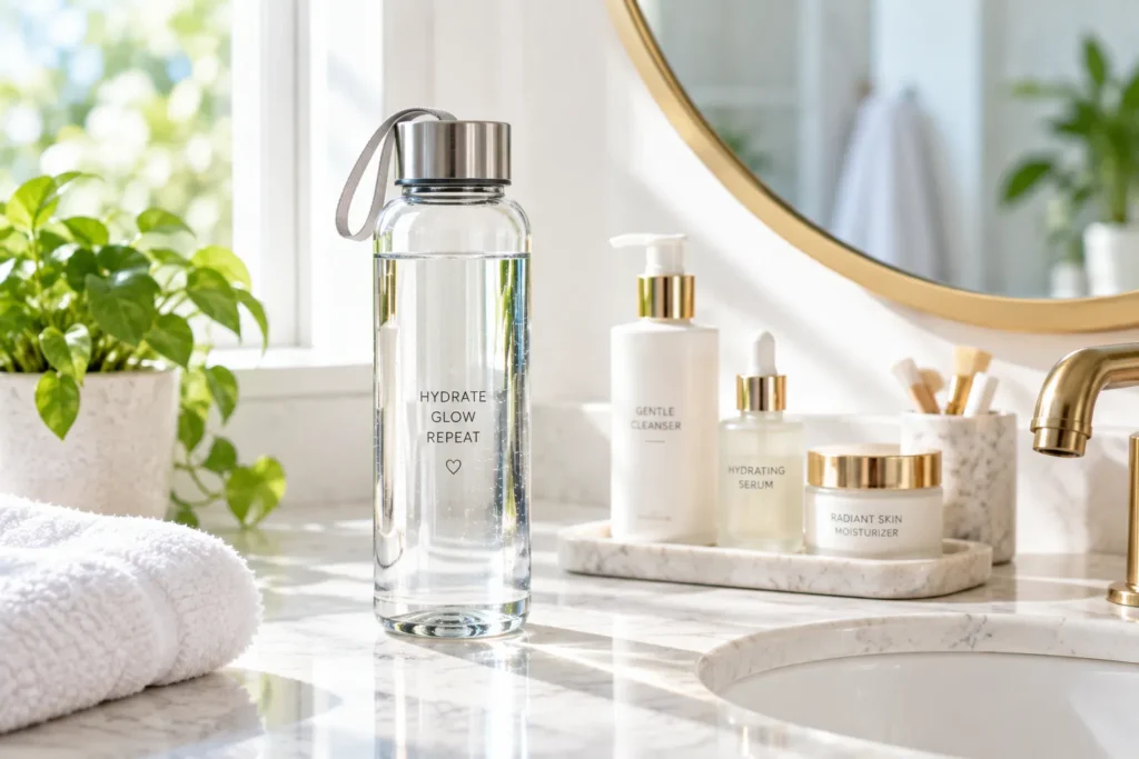 10 Face Hydration Tips for Soft, Glowing Skin 9 Water bottle next to face hydration skin care products