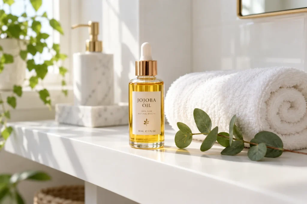 10 Healing Oils That Boost Your Beauty Routine Fast 3 Jojoba oil bottle on bathroom shelf for oily skin care