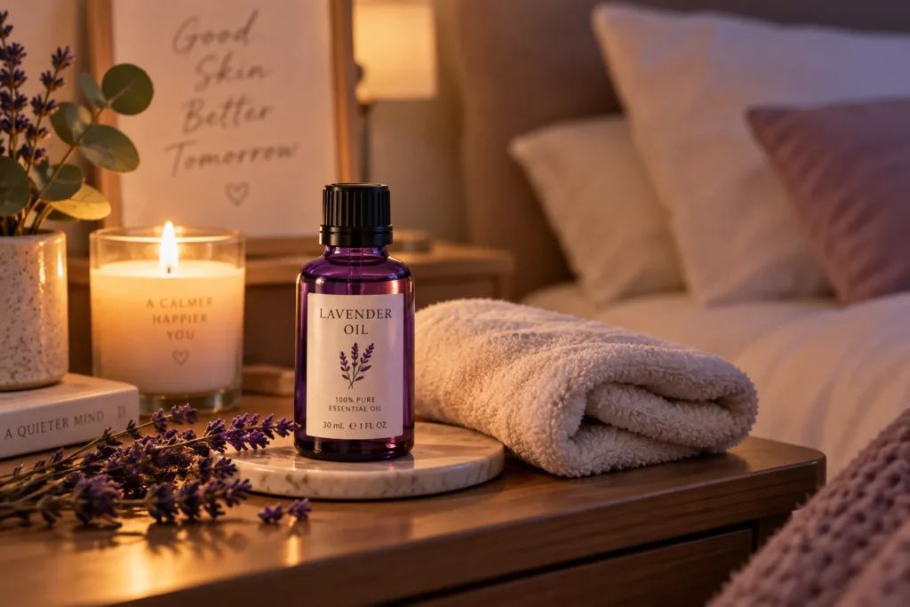 10 Healing Oils That Boost Your Beauty Routine Fast 9 Lavender oil bottle on nightstand for nighttime skin care