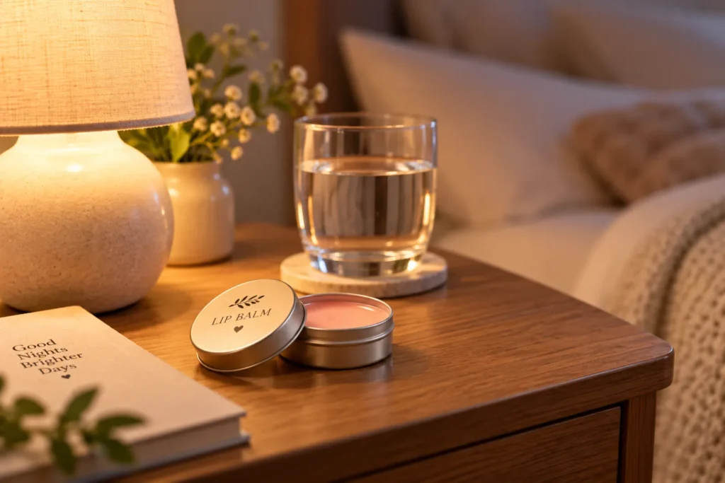 10 Hydrating Lip Balm Tips for Smooth, Soft Lips 5 Lip balm tin on a nightstand as part of a nighttime lip care routine
