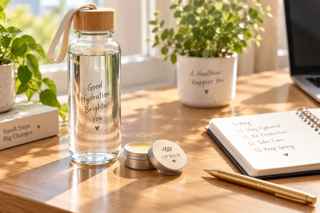 10 Hydrating Lip Balm Tips for Smooth, Soft Lips 9 Water bottle and lip balm on a desk for daily hydration and lip care