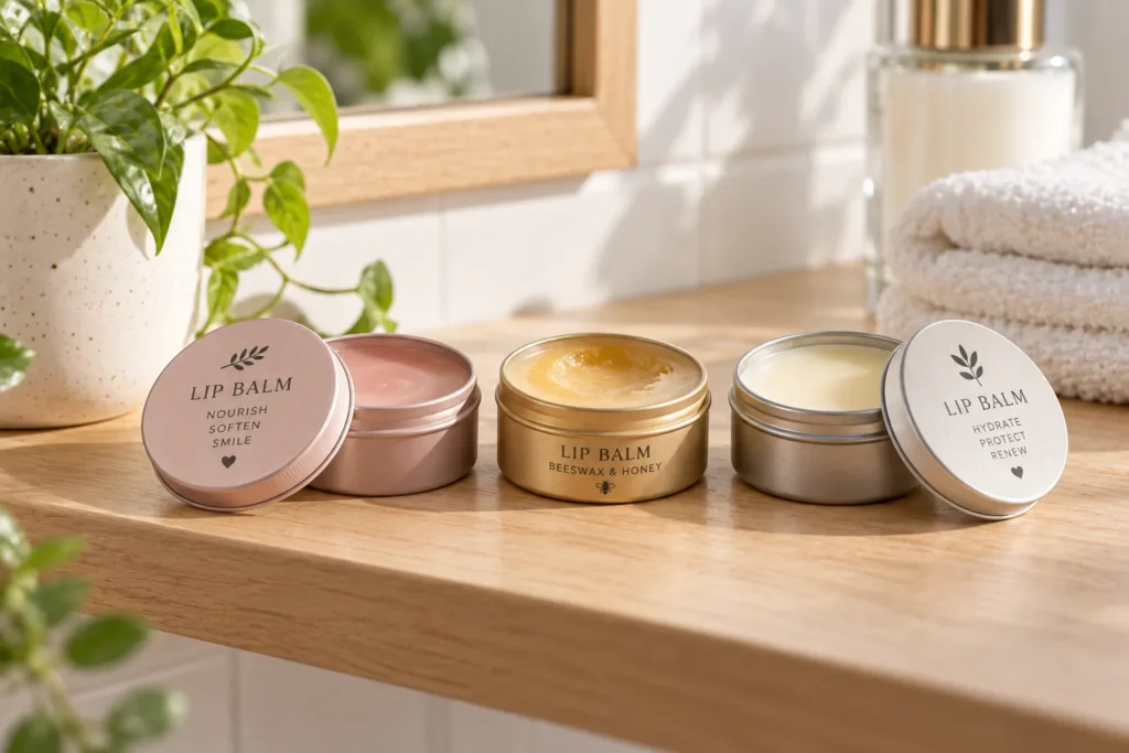 10 Hydrating Lip Balm Tips for Smooth, Soft Lips 11 Row of lip balm tins showing a consistent two week lip care routine